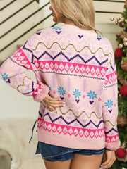 Multicolour Ethnic Christmas Pattern Knit Feather Cuffed Sweater 