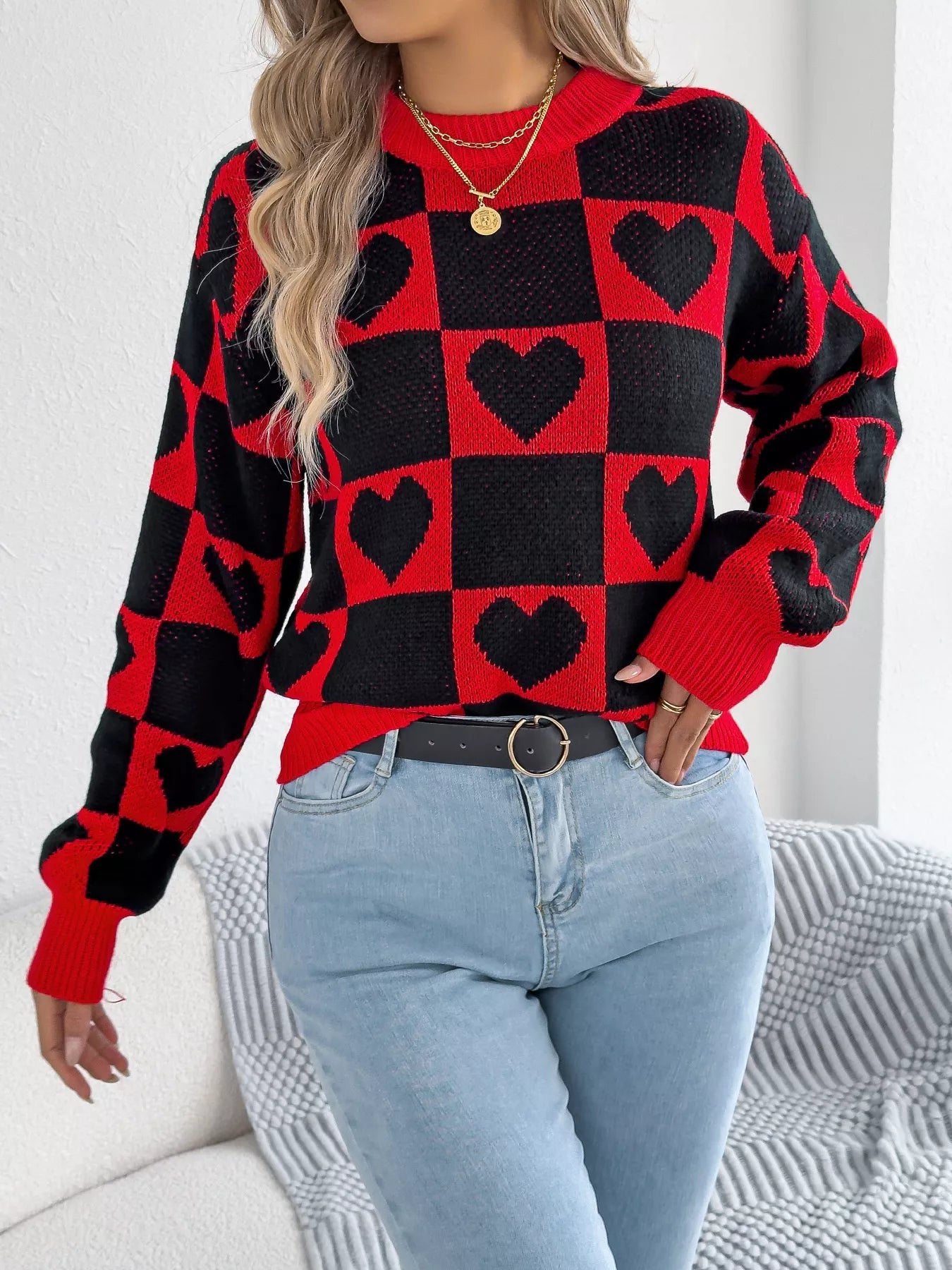 Heart Checkerboard Pattern Round Neck Sweater 