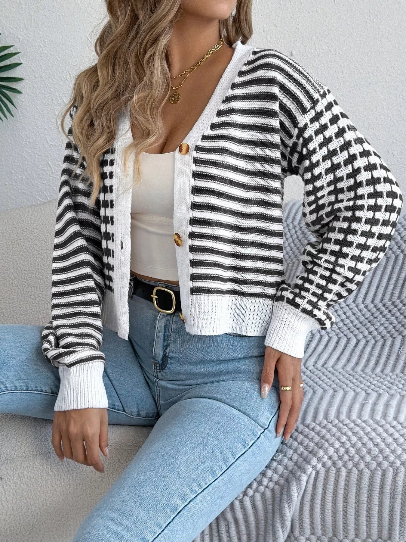 Striped Button-Up Cropped Cardigan 