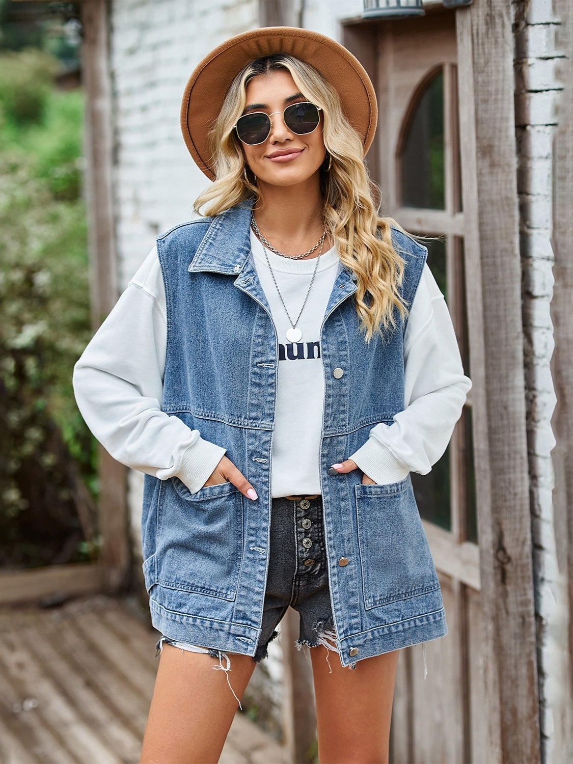 Button Front Sleeveless Denim Jacket 