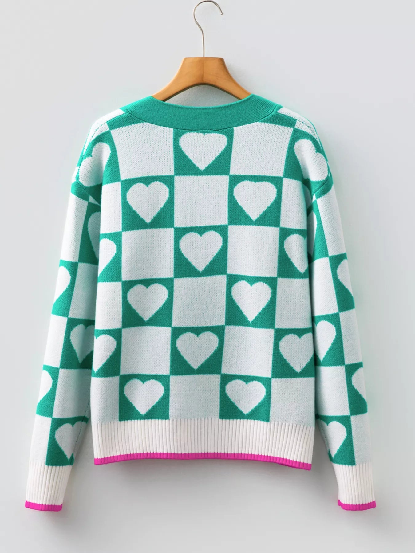 Plaid Heart Knit V Neck Button Down Sweater Cardigan 