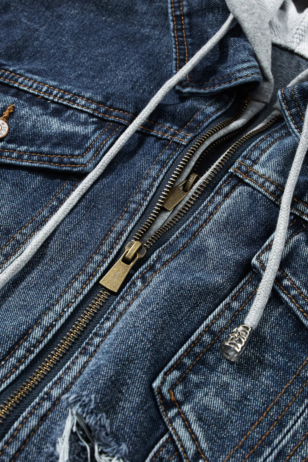 Fake Two-Piece Hooded Zip-Up Denim Jacket 