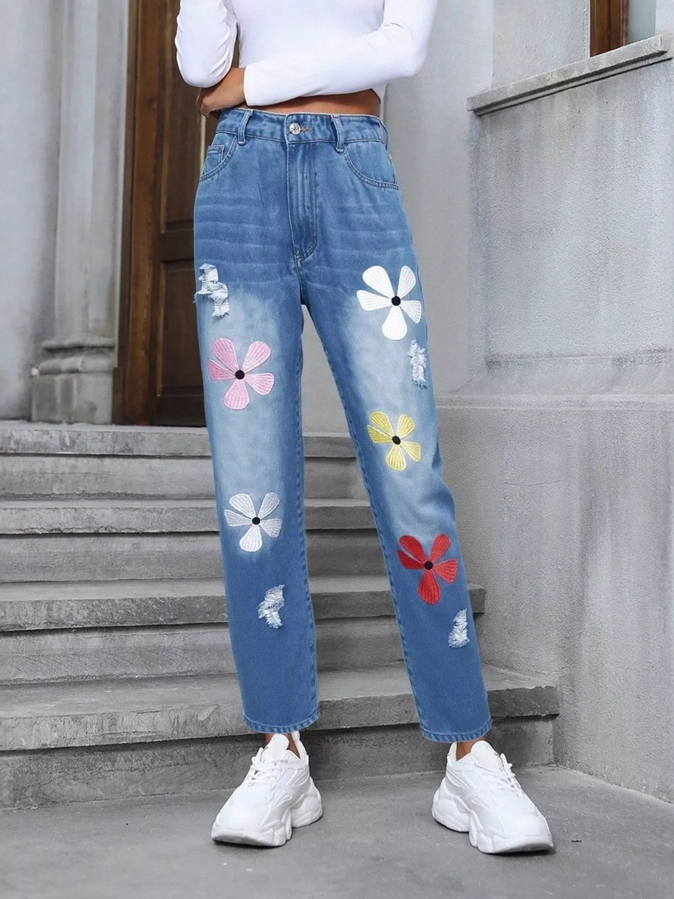 Floral Embroidered High Waist Distressed Jeans 