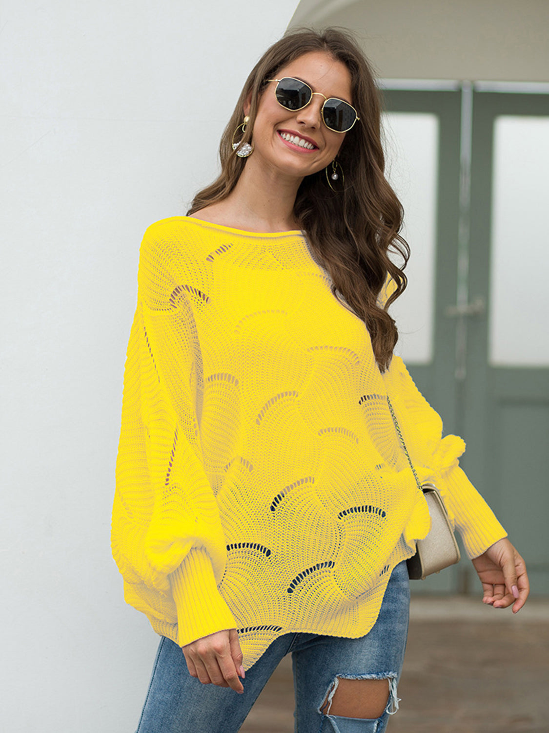 Full Size Boat Neck Lantern Sleeve Openwork Knit Top 