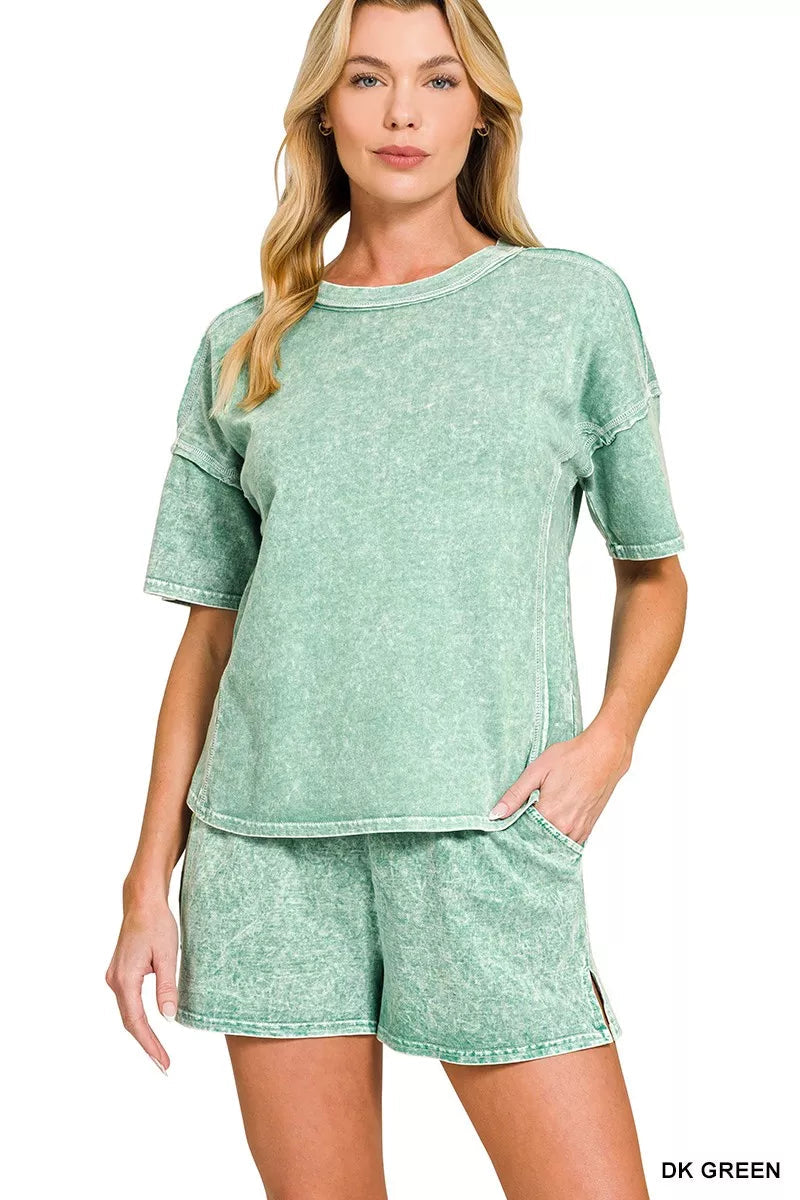 Zenana Halo Snow Washed Short Sleeve Tee and Shorts Set 