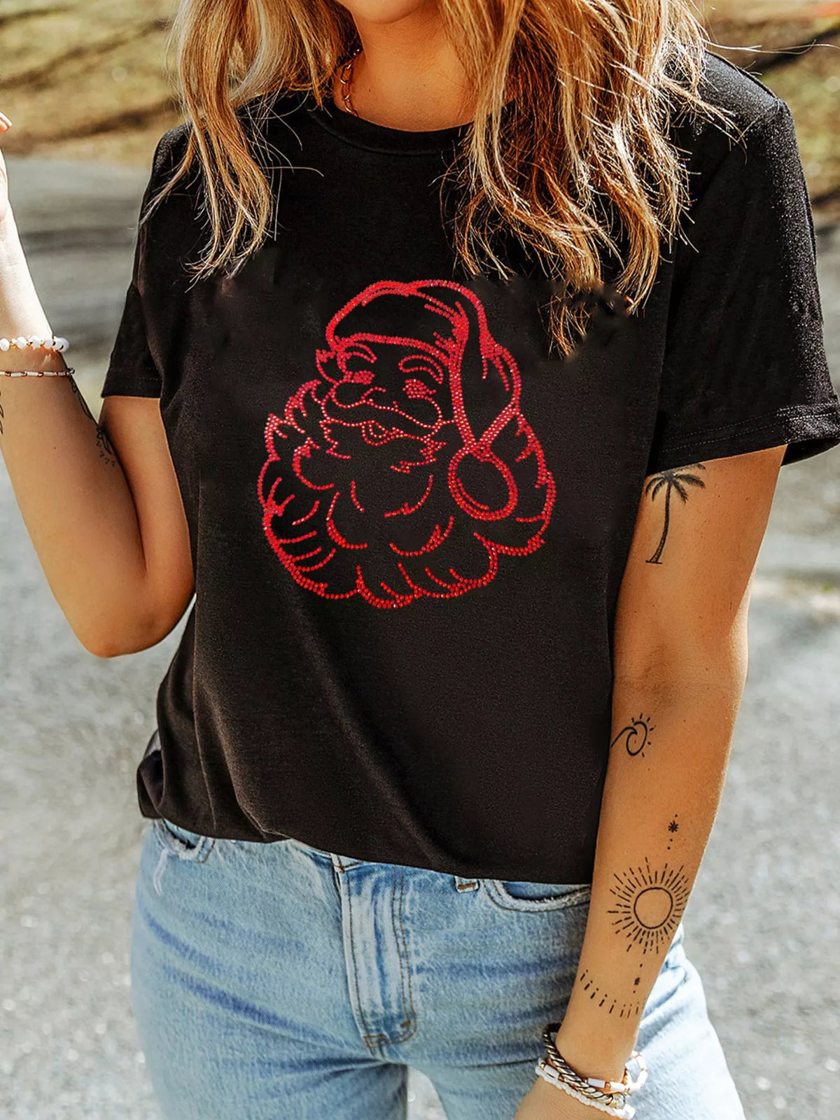 Rhinestone Santa Claus Christmas Graphic T Shirt 