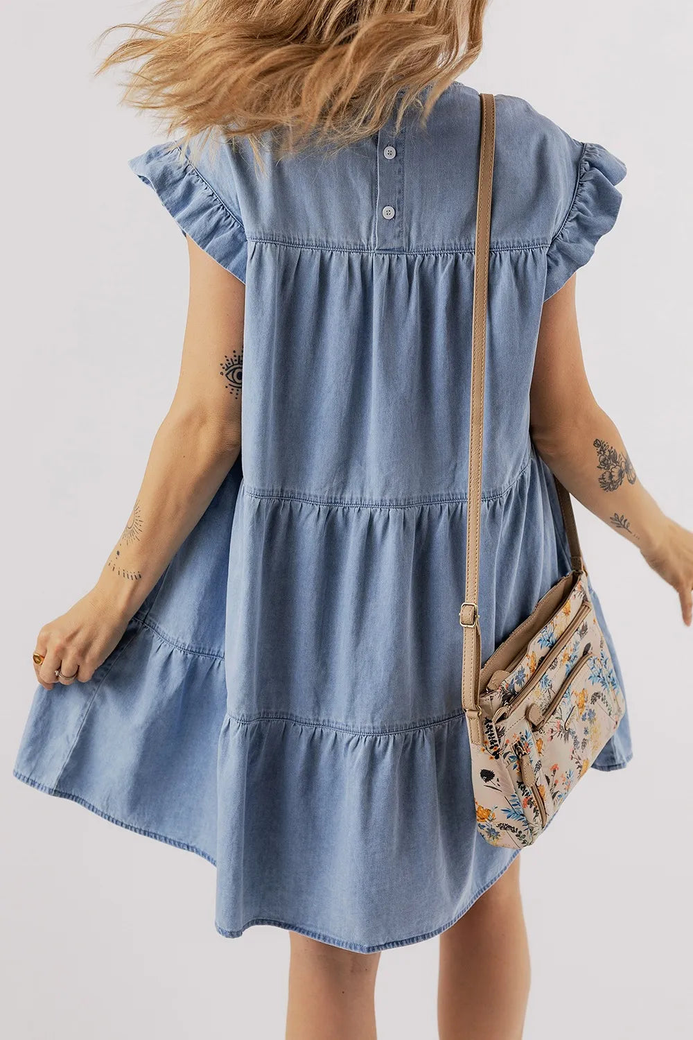 Ruffle Cap Sleeve Tiered A-line Denim Dress 