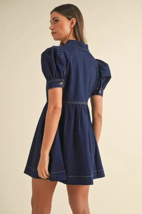 Collared Neck Half Zip Denim Dress 
