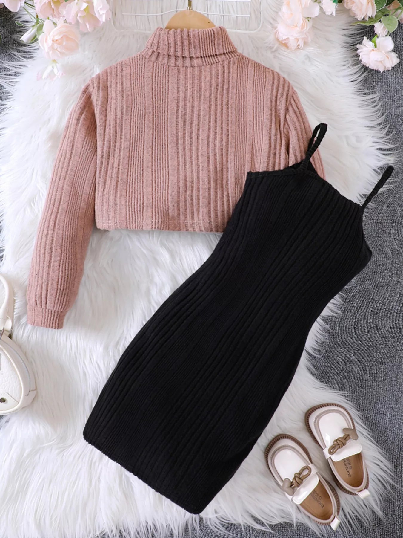 Children's Ribbed Knit Two-Tone Dress Set 