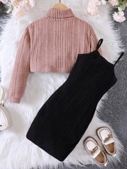Children's Ribbed Knit Two-Tone Dress Set 