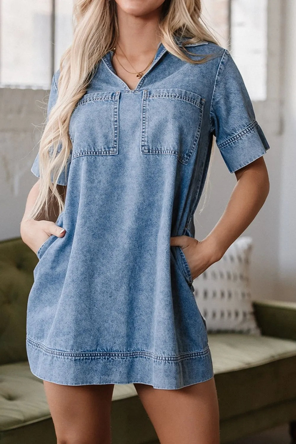 Short Sleeve Collared Patched Pocket Denim Mini Dress 