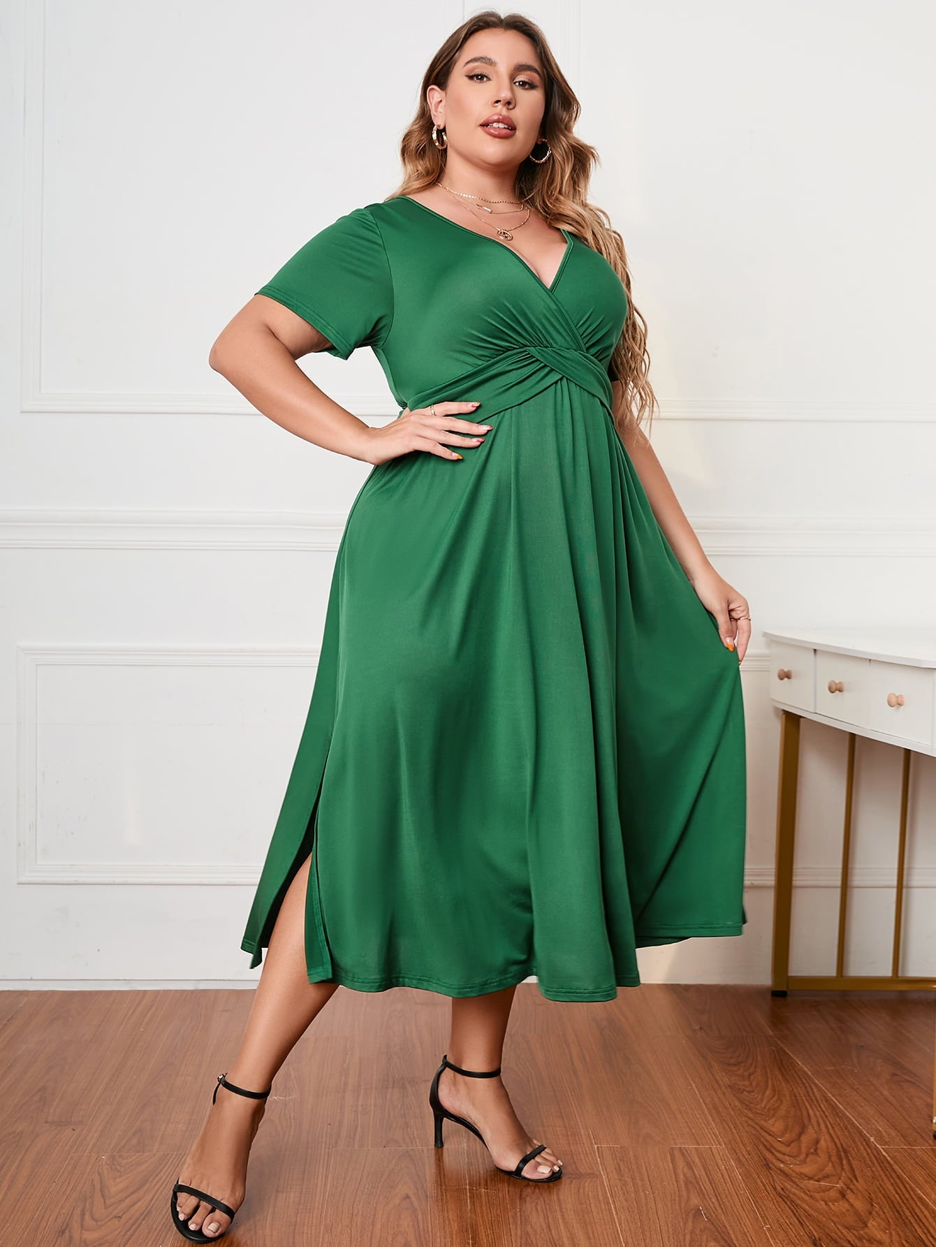 Honey Plus Size Short Sleeve Surplice Neck Midi Dress 