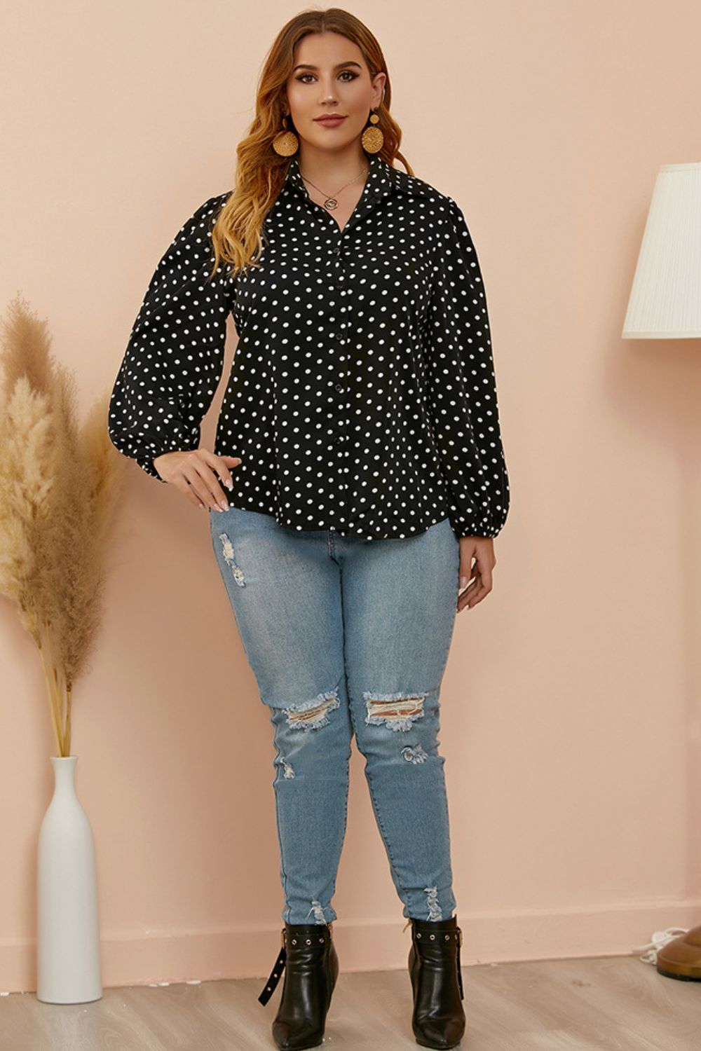 Plus Size Polka Dot Balloon Sleeve Shirt 