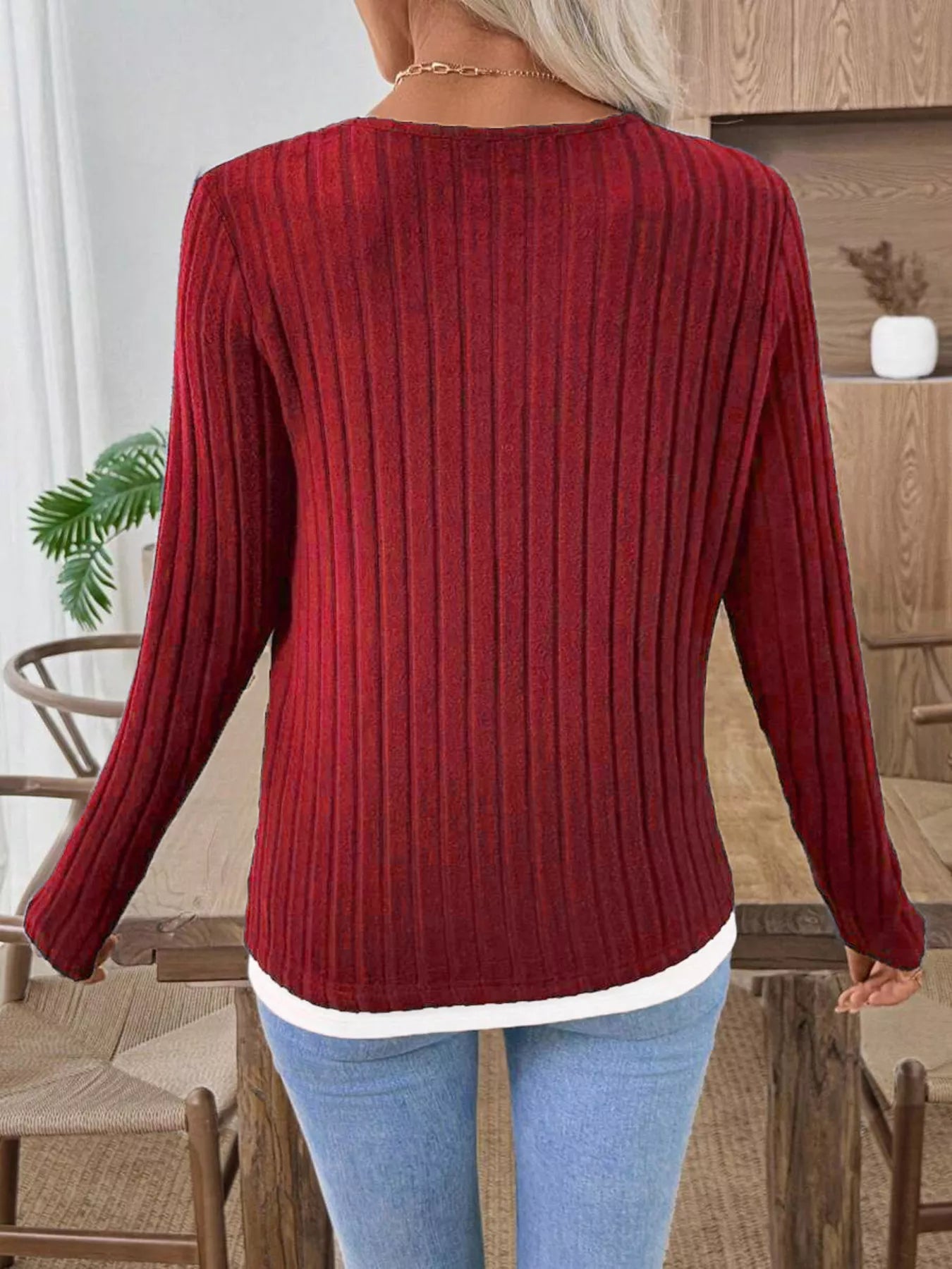 Ribbed Knit Button Detail Contrast Sweater 