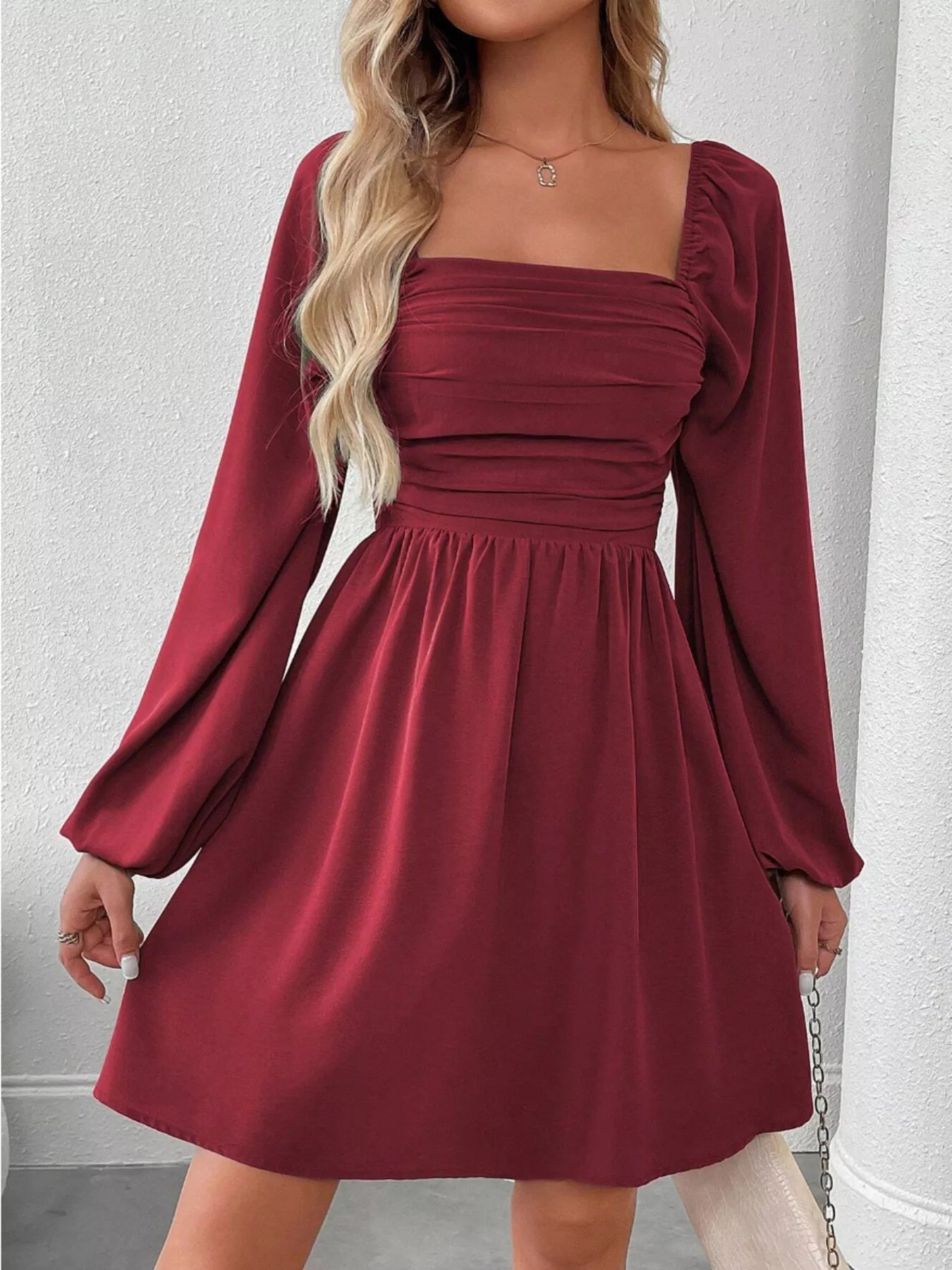 Ruched Square Neck Long Sleeve A-Line Dress 