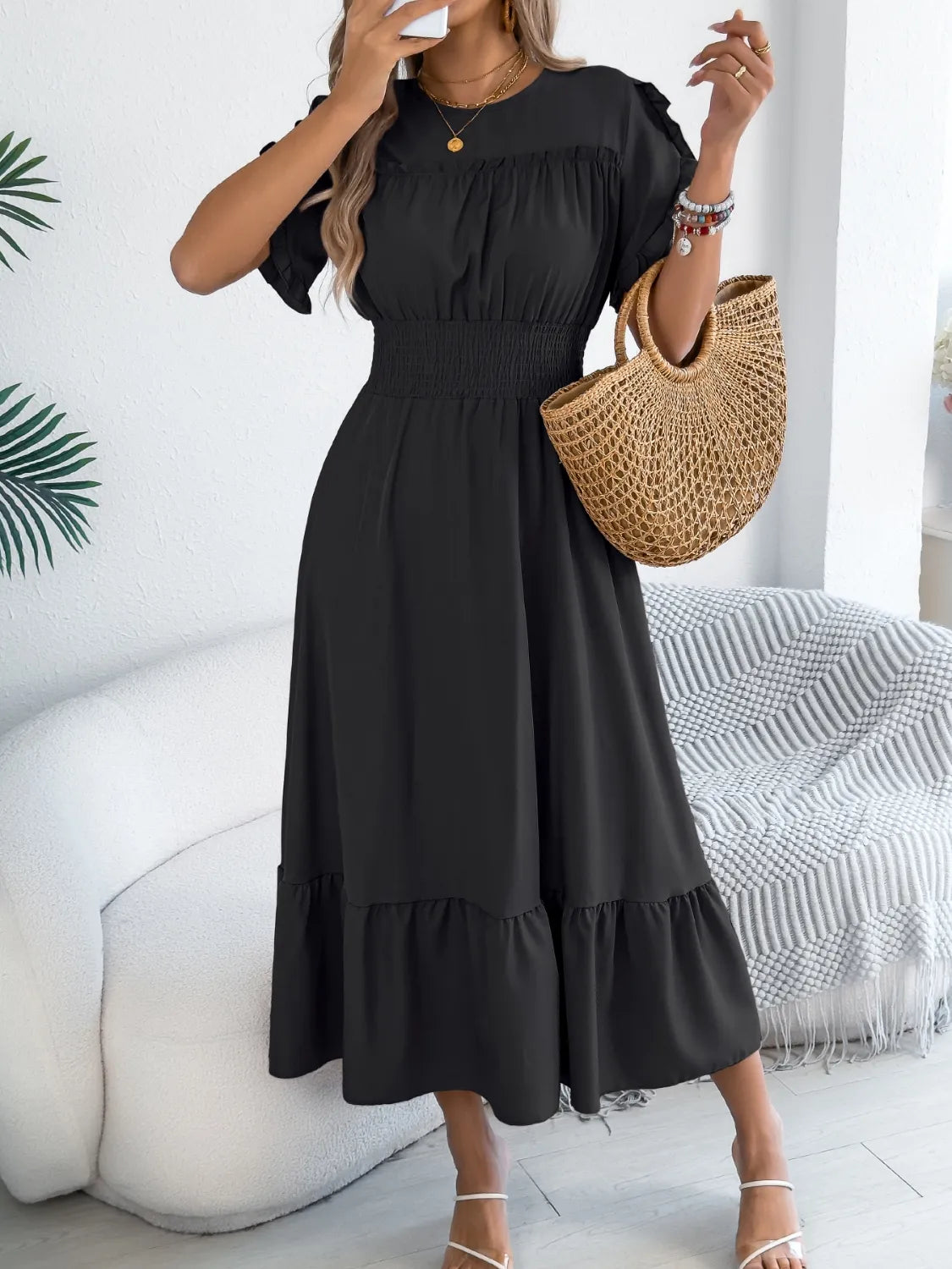 Smocked Frill Round Neck Midi Dress 