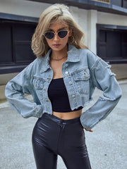 Distressed Raw Hem Cropped Denim Jacket 