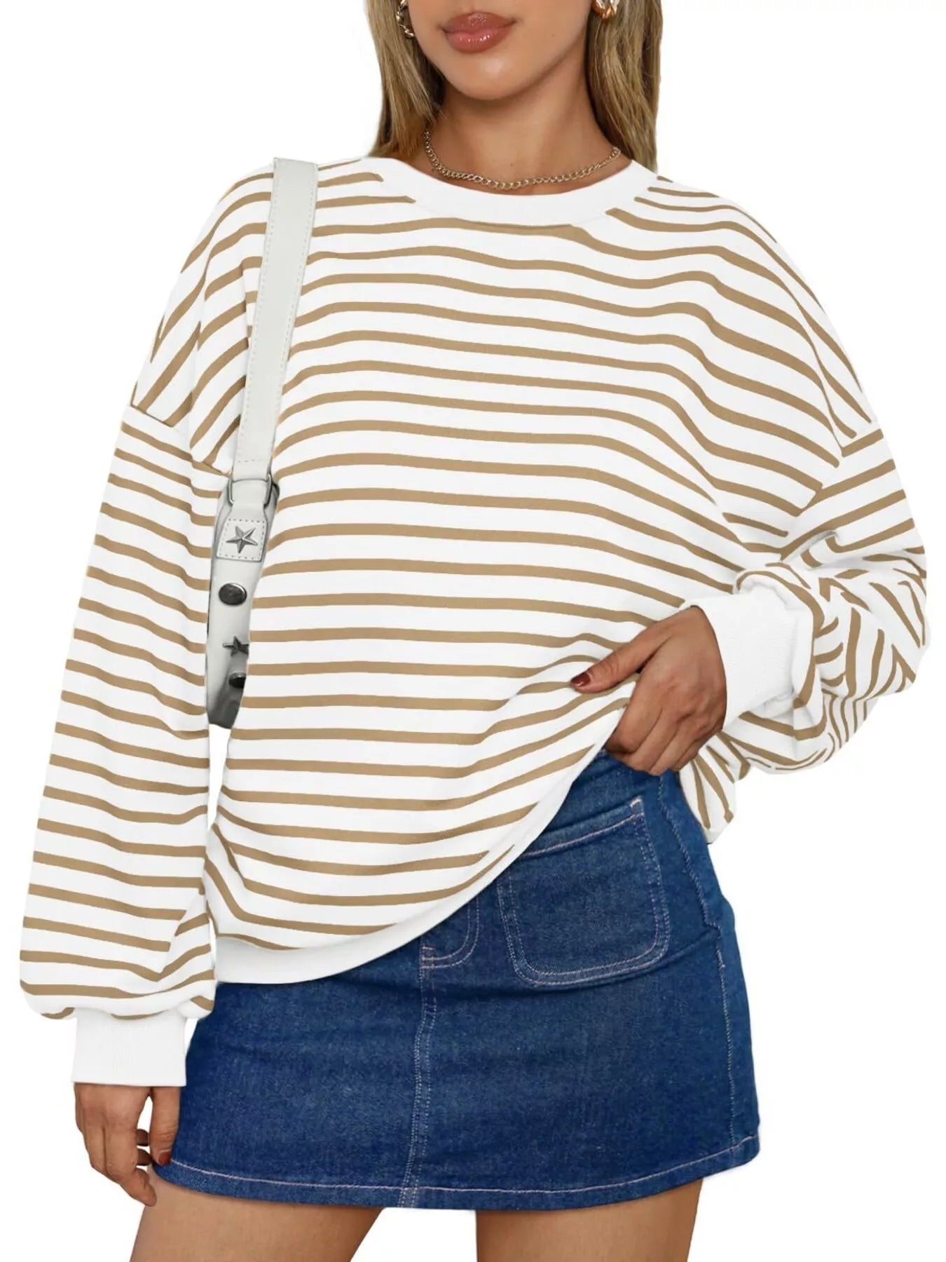 Striped Round Neck Oversized Casual Sweatshirt 