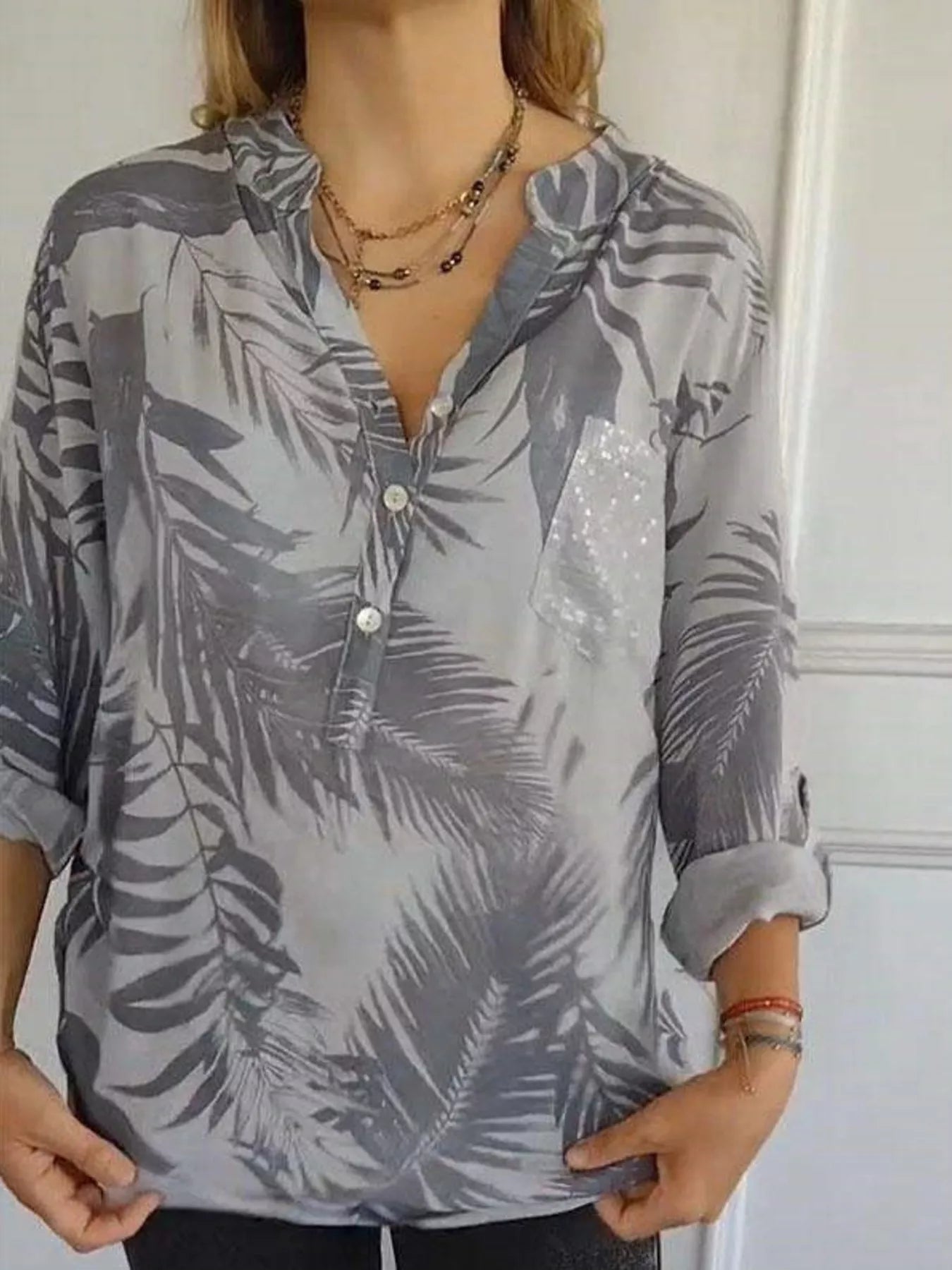 Full Size Printed Button Detail Long Sleeve Blouse Plus Size 