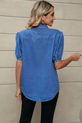 Puff Sleeve Collared Denim Top 