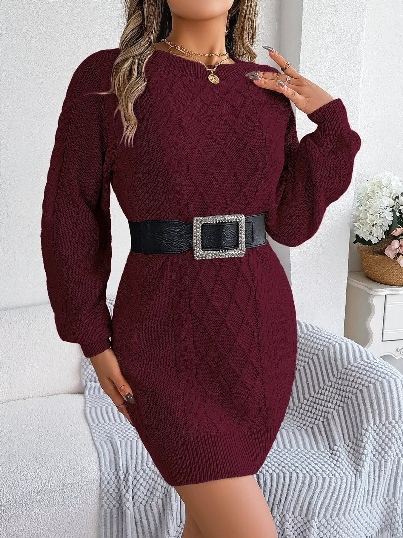 Diamond Cable Knit Sweater Dress with Long Sleeves 