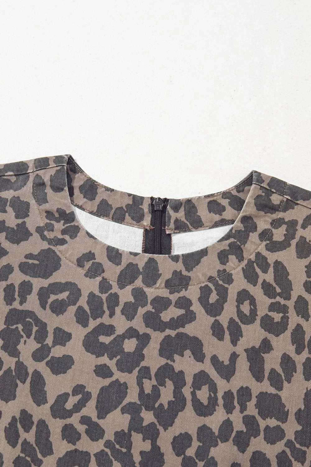 Leopard Round Neck Puff Sleeve Denim Dress 
