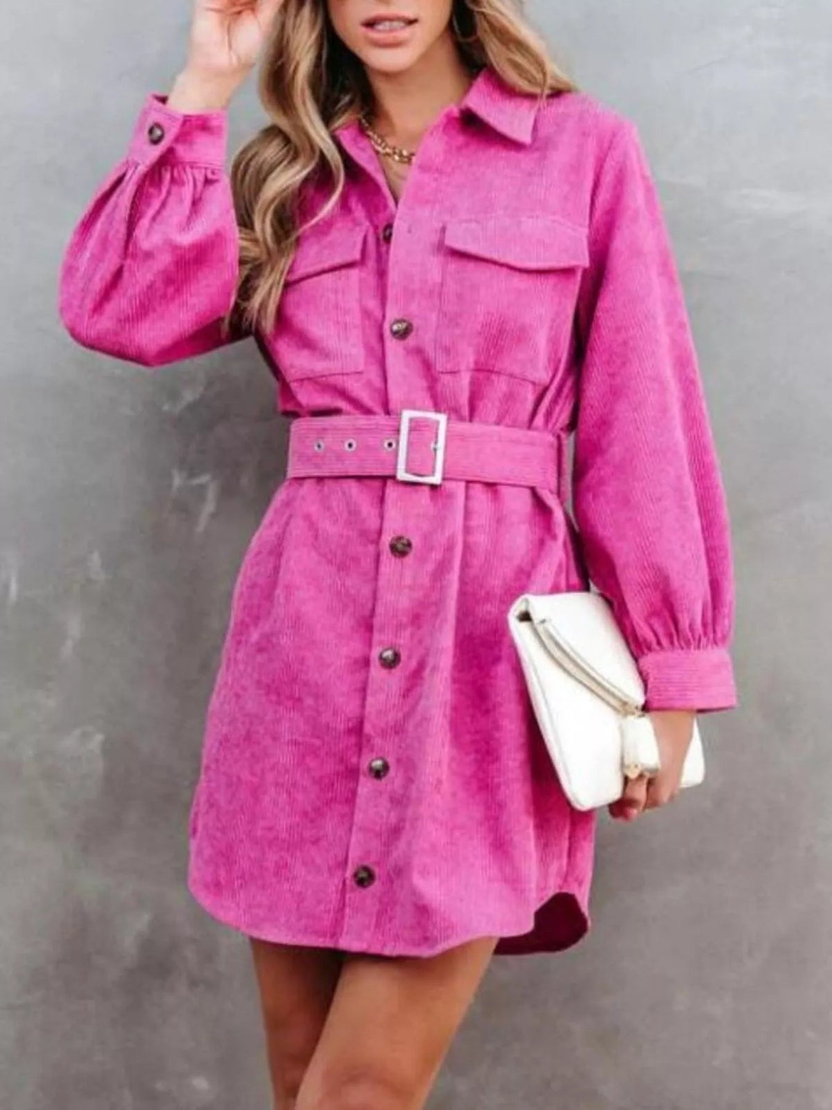 Button Front Belt Long Sleeve Corduroy Dress 