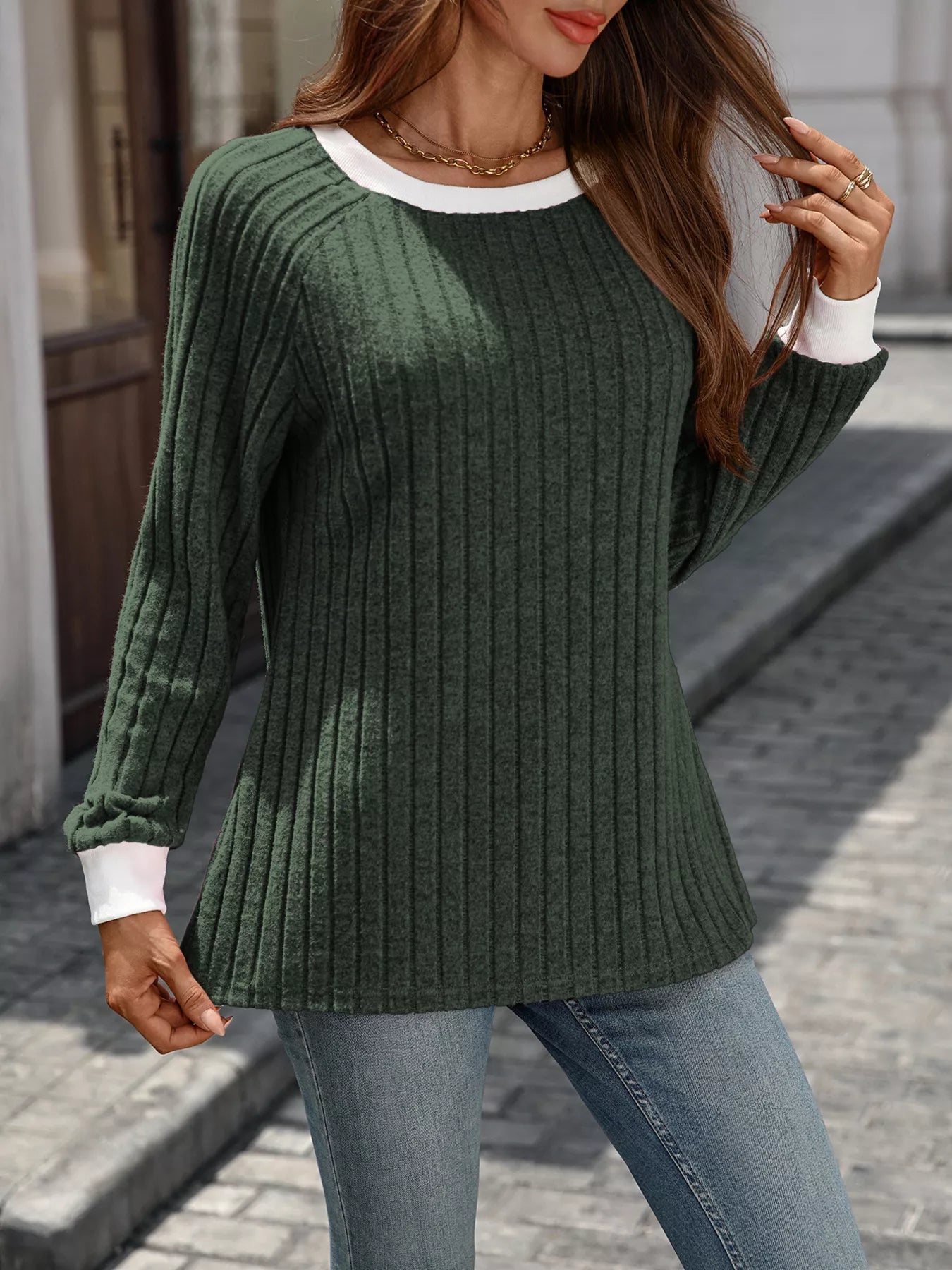 Ribbed Round Neck Raglan Sleeve Knit Top 