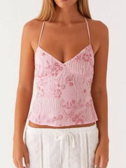 Floral Lace Up Back V-Neck Cami 