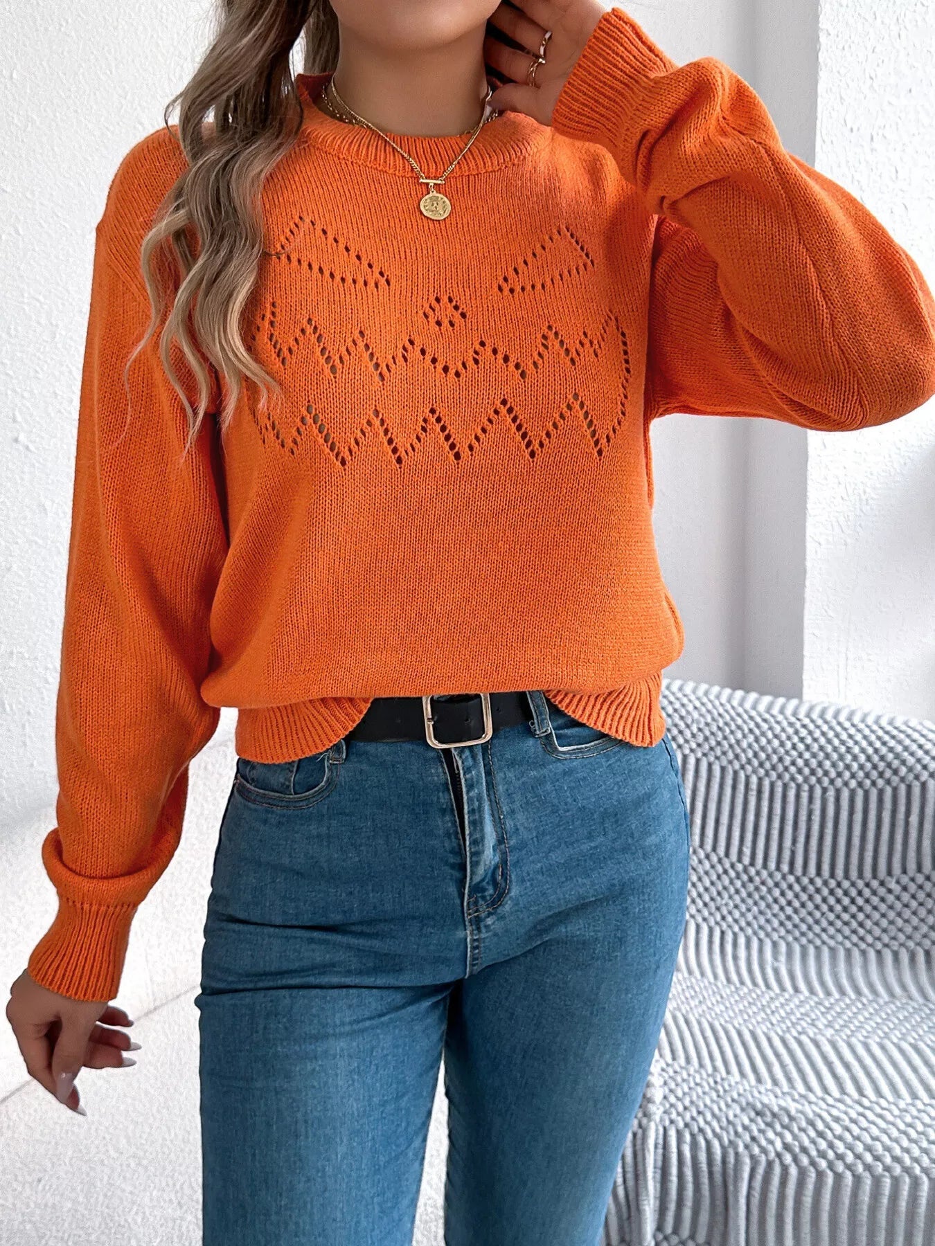 Openwork Round Neck Long Sleeve Sweater 