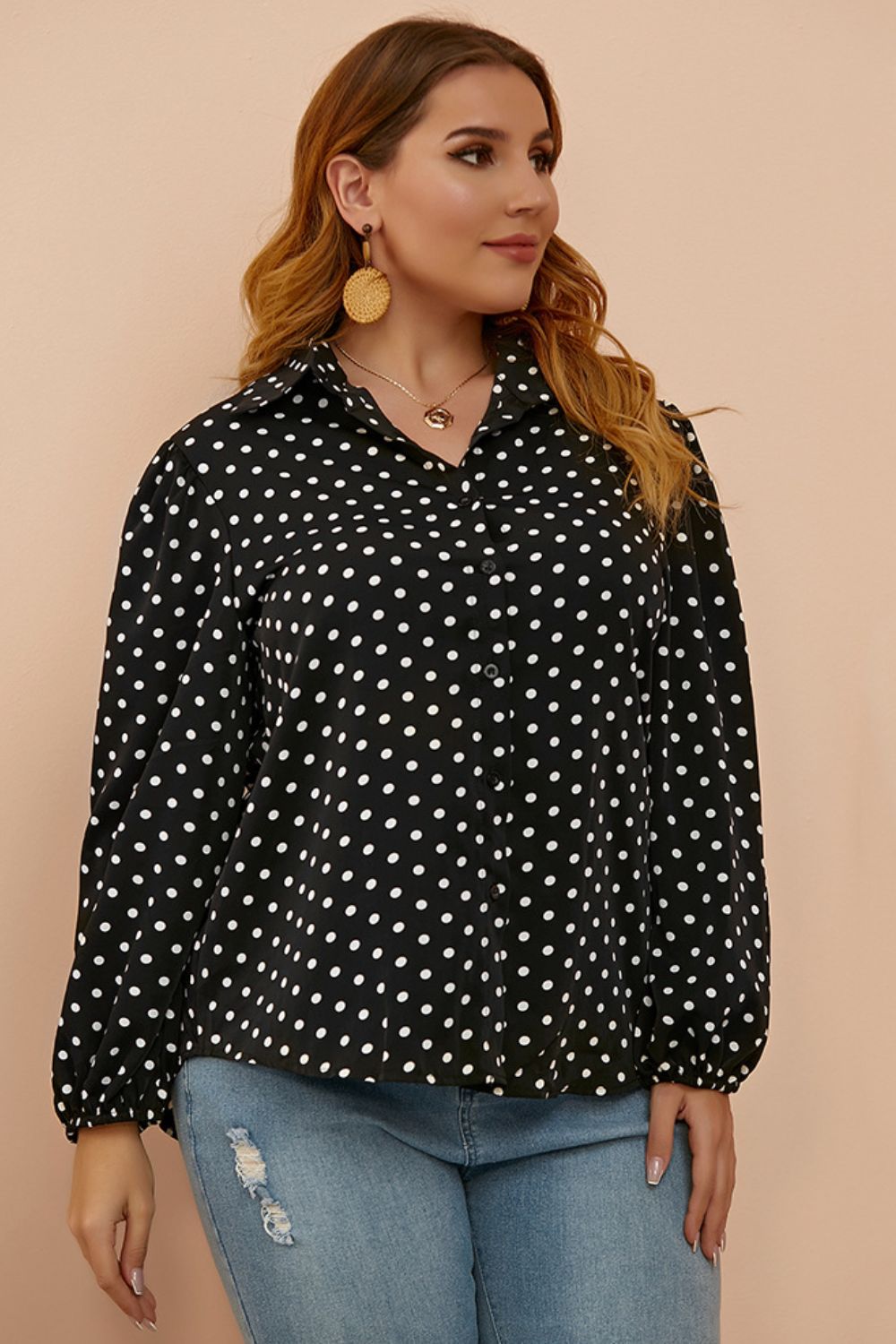Plus Size Polka Dot Balloon Sleeve Shirt 