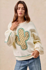 BiBi Cactus Embroidered Fleece Sweatshirt 