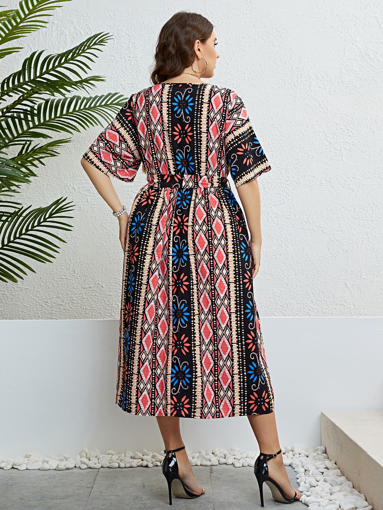 Honey Plus Size Bohemian V-Neck Tie Belt Midi Dress 