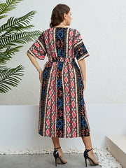 Honey Plus Size Bohemian V-Neck Tie Belt Midi Dress 
