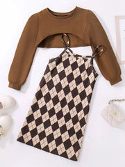 Children's Plaid Print Long Sleeve Dress Set 