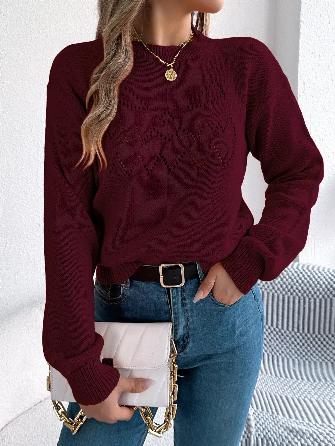 Openwork Round Neck Long Sleeve Sweater 
