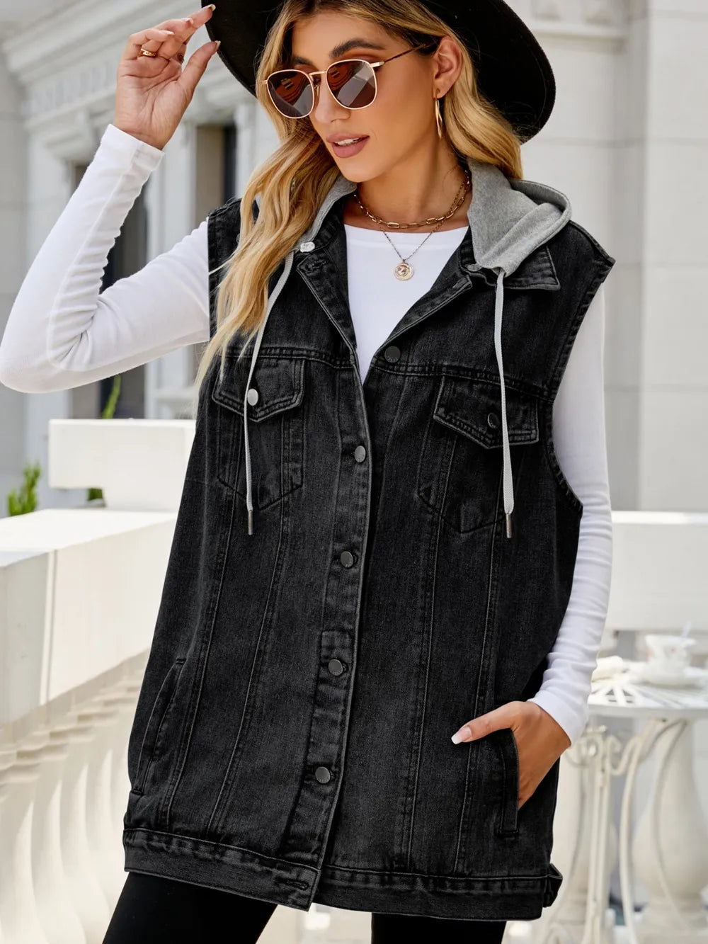 Drawstring Pocketed Button Up Sleeveless Denim Jacket 