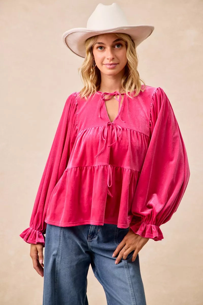 BiBi Christmas Theme Velvet Bow Tied Blouse 