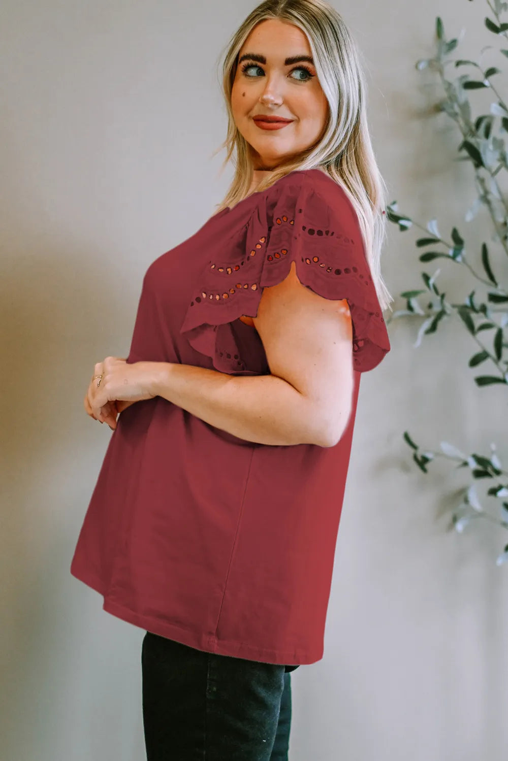 Plus Size Eyelet Round Neck Short Sleeve Blouse 