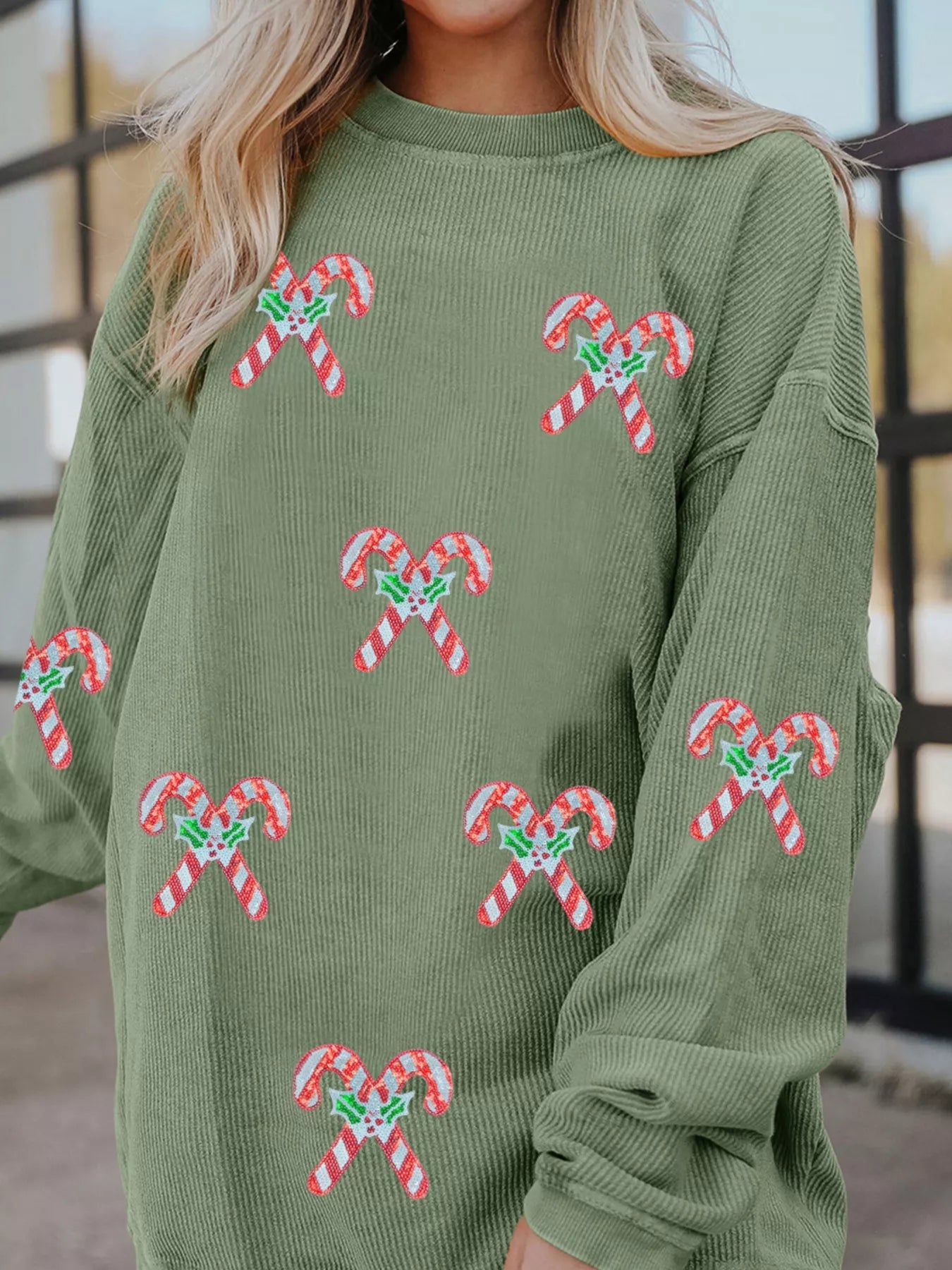 Candy Cane Shimmer Patched Corded Baggy Sweatshirt 