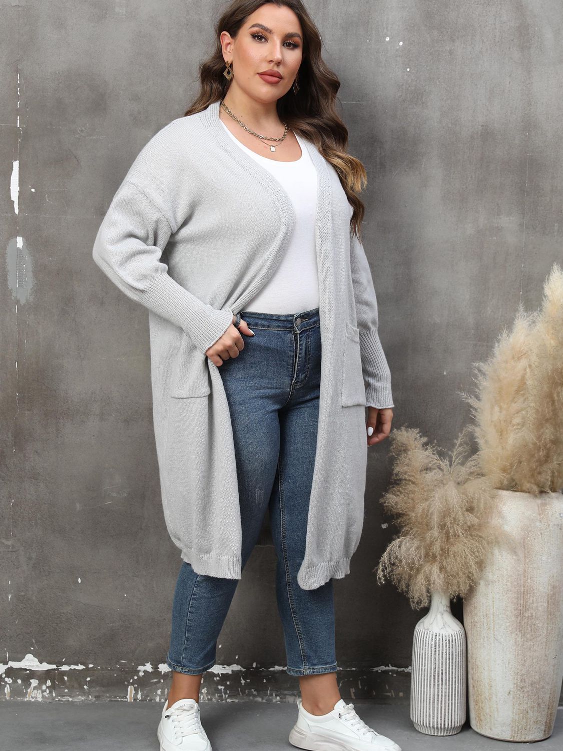 Plus Size Long Sleeve Pocketed Cardigan 