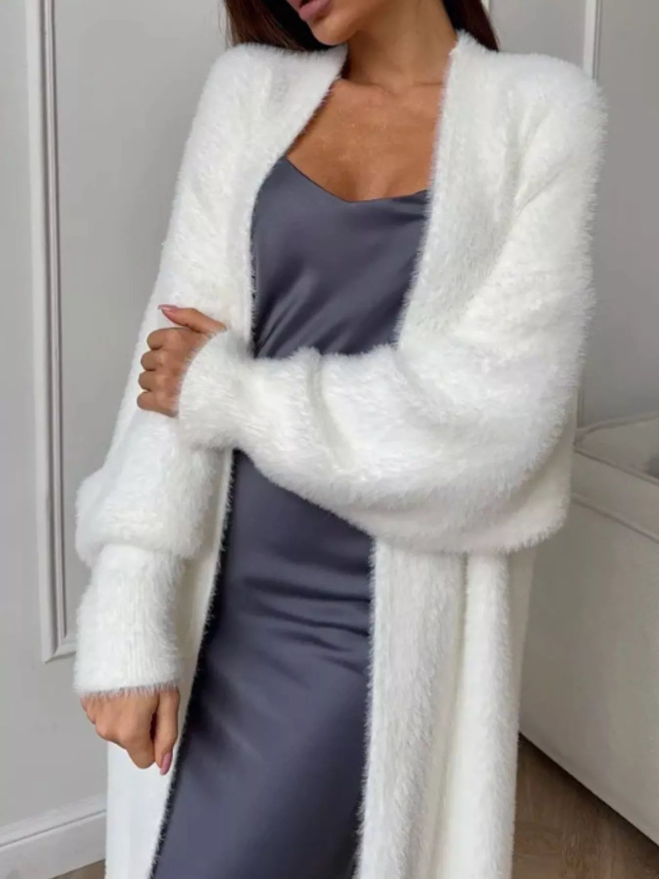Fuzzy Open Front Longline Cardigan 