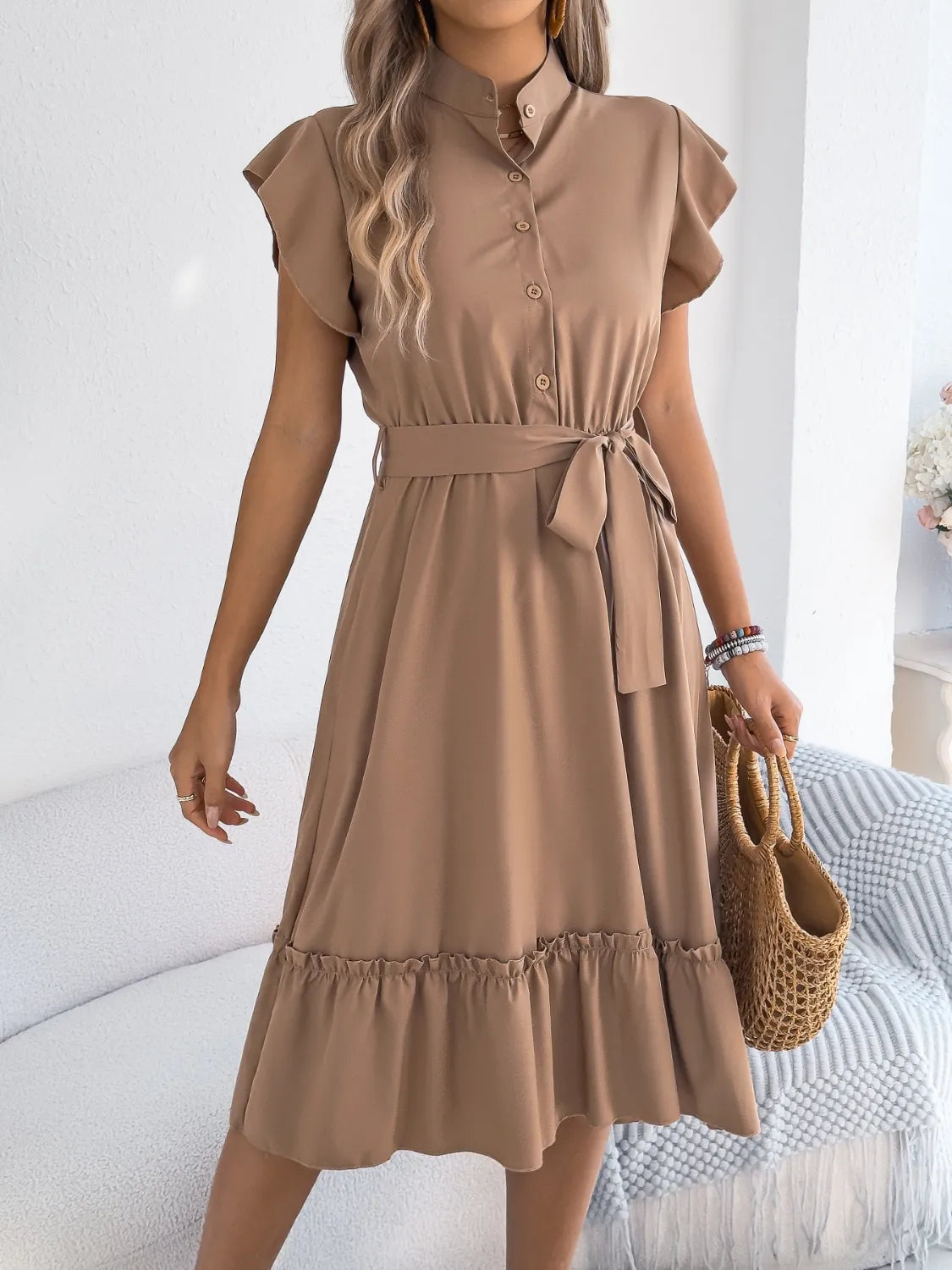 Tie Waist Ruffled Cap Sleeve Dress 