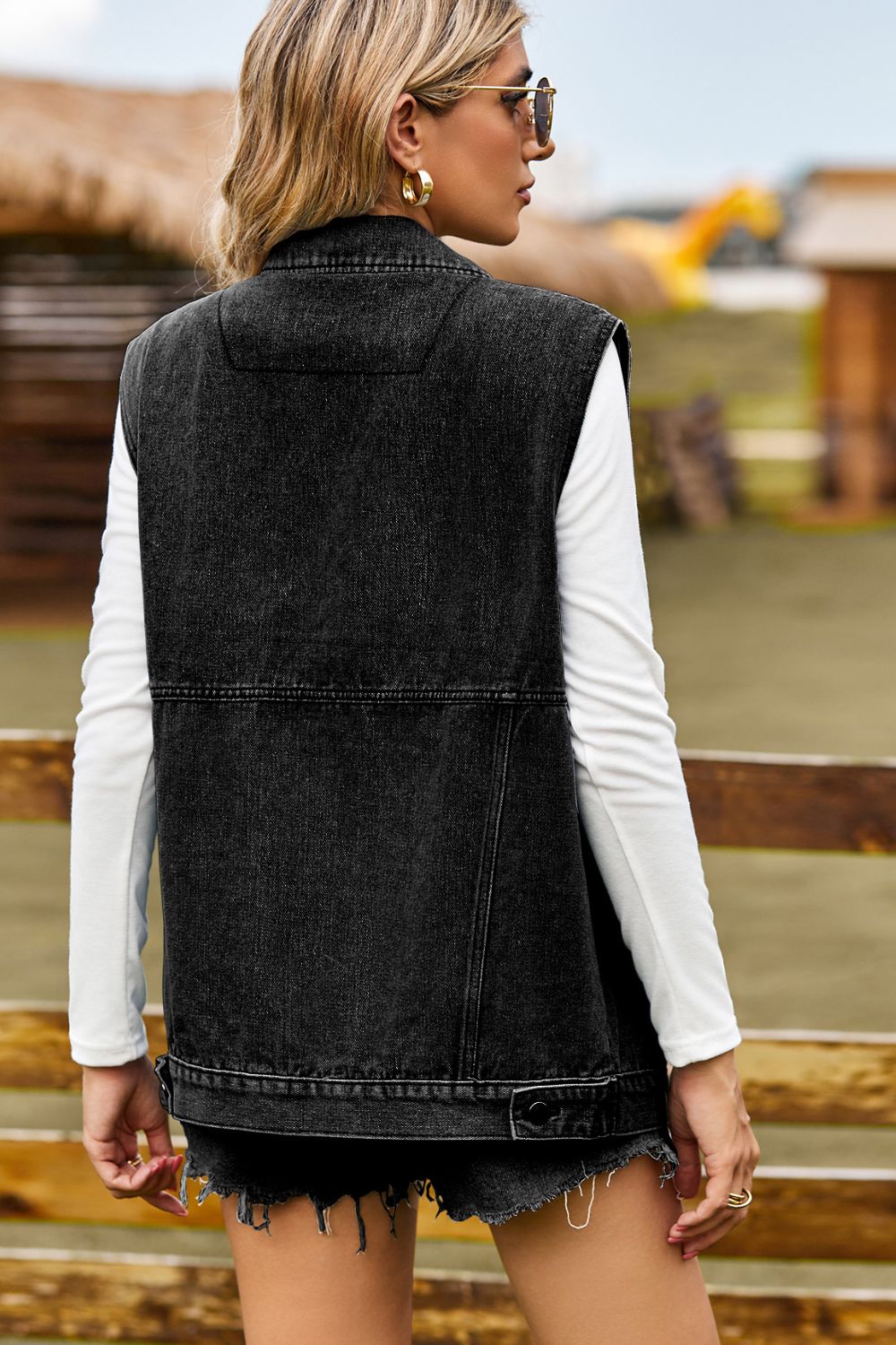 Sleeveless Collared Neck Denim Top with Pockets 