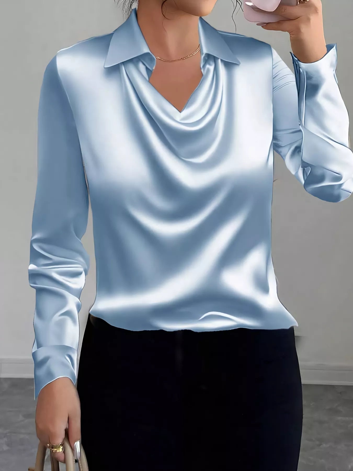 Satin Collared Neck Long Sleeve Blouse 