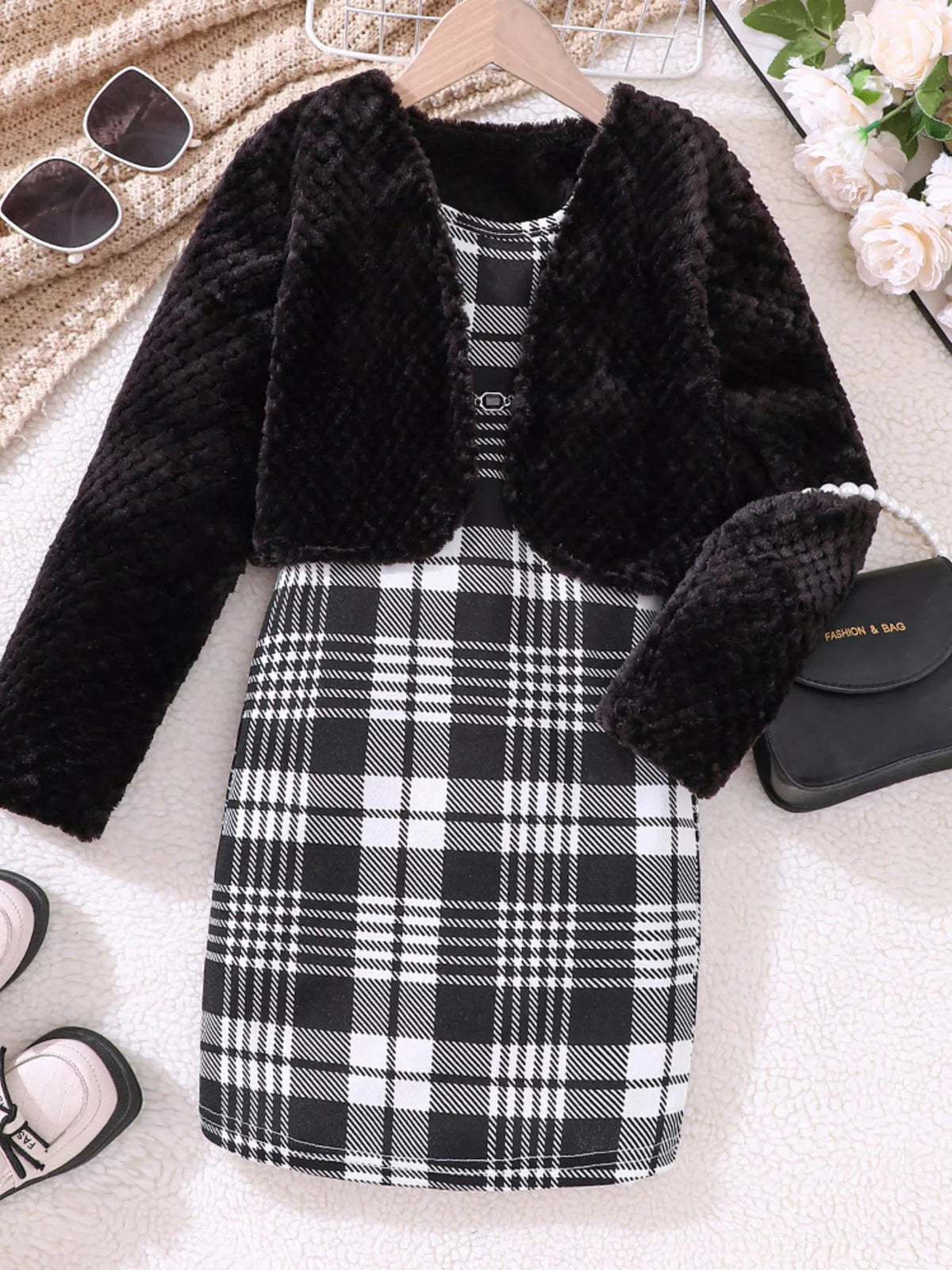 Children's Fuzzy Cardigan & Plaid Dress Set 