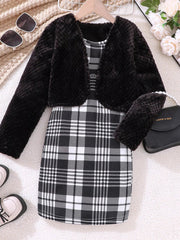 Children's Fuzzy Cardigan & Plaid Dress Set 