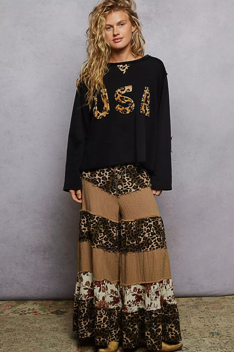 POL Round Neck Long Sleeve French Terry Sweatshirt with USA Letter Animal Patch 
