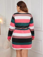 Honey Plus Size Striped V-Neck Long Sleeve Mini Dress 