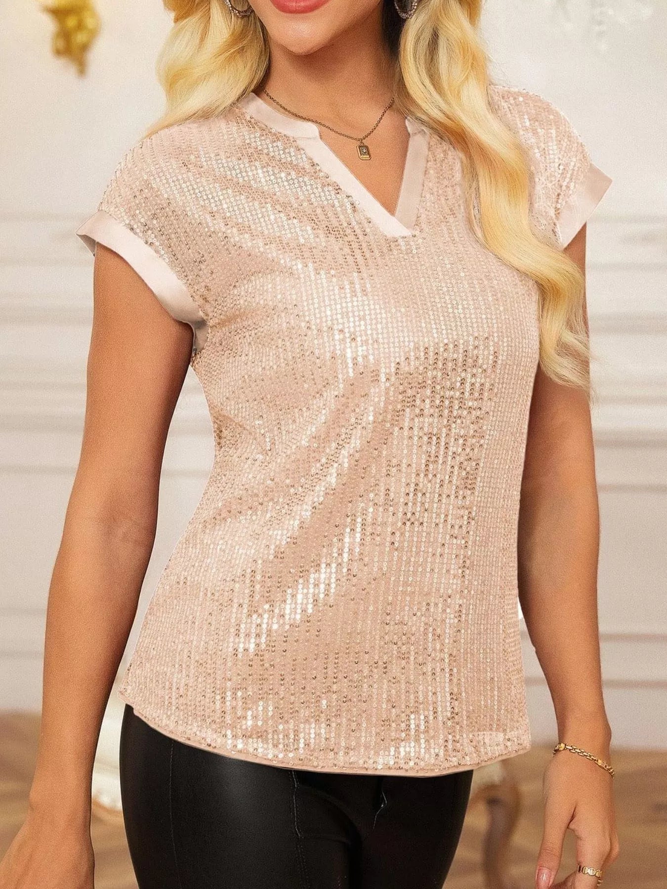 Sequin Notched Cap Sleeve Blouse 